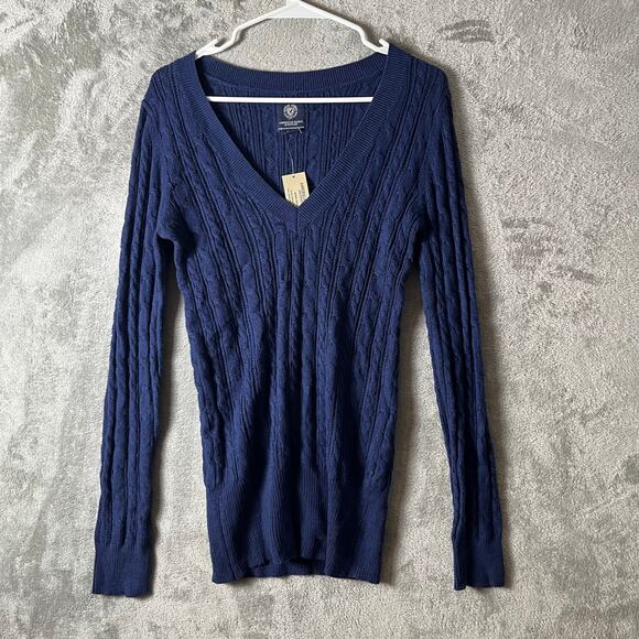 American Eagle Navy Y2K Preppy Cable Knit Sweater Classic Preppy Size Large New - Picture 1 of 6